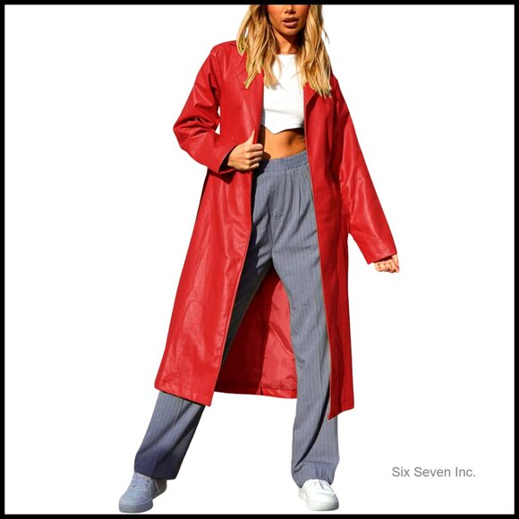 Jackets & Blazers - Faux Leather Trench Coat Elegant Chic Lapel Open Front Long Belted